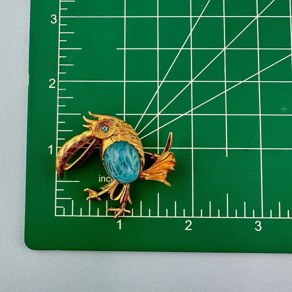 Vintage P&M Paris Bird Brooch Blue Art Glass Belly Rhinestone Eye Tube Hinge